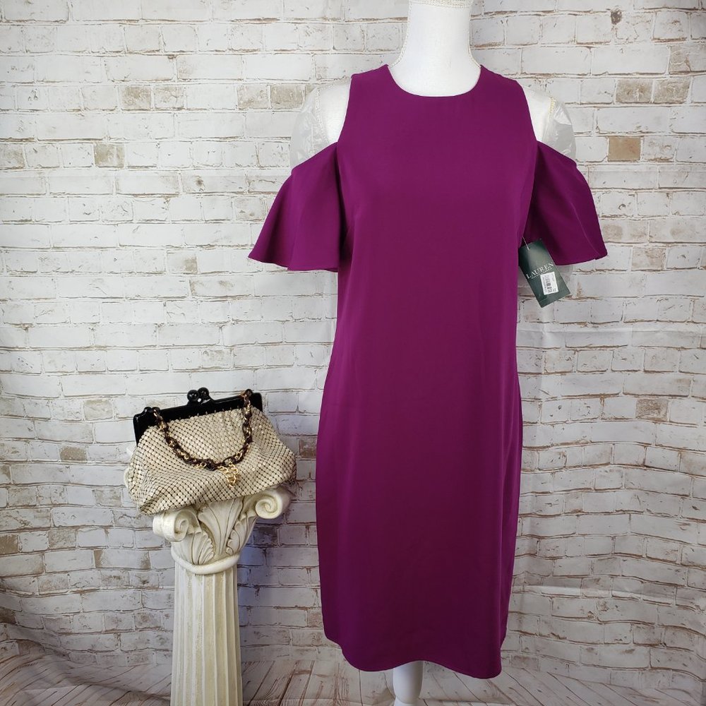 NWT Lauren Ralph Lauren Size 6 Purple Cold Shoulder Short Sleeve Shift Dress